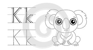 Trace the letter and picture and color it. Educational children tracing game. Coloring alphabet. Letter K and funny photo