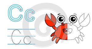 Trace the letter and picture and color it. Educational children tracing game. Coloring alphabet. Letter C and funny crab