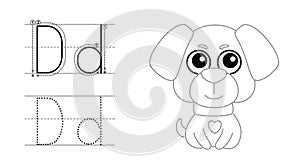 Trace the letter and picture and color it. Educational children tracing game. Coloring alphabet. Letter D and funny dog