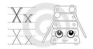 Trace the letter and picture and color it. Educational children tracing game. Coloring alphabet. Letter X and funny