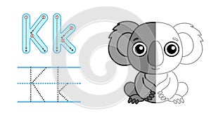 Trace the letter and picture and color it. Educational children tracing game. Coloring alphabet. Letter K and funny