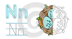 Trace the letter and picture and color it. Educational children tracing game. Coloring alphabet. Letter N and Nest with photo