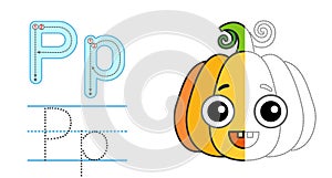 Trace the letter and picture and color it. Educational children tracing game. Coloring alphabet. Letter P and funny