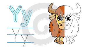 Trace the letter and picture and color it. Educational children tracing game. Coloring alphabet. Letter Y and funny Yak