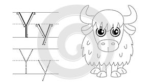 Trace the letter and picture and color it. Educational children tracing game. Coloring alphabet. Letter Y and funny Yak