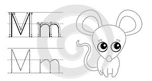 Trace the letter and picture and color it. Educational children tracing game. Coloring alphabet. Letter M and funny photo
