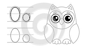 Trace the letter and picture and color it. Educational children tracing game. Coloring alphabet. Letter O and funny Owl photo