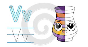 Trace the letter and picture and color it. Educational children tracing game. Coloring alphabet. Letter V and funny Vase photo