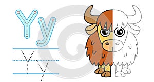 Trace the letter and picture and color it. Educational children tracing game. Coloring alphabet. Letter Y and funny Yak photo