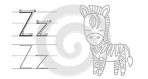 Trace the letter and picture and color it. Educational children tracing game. Coloring alphabet. Letter Z and funny photo