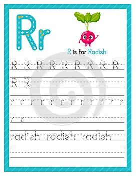 Trace letter R uppercase and lowercase. Alphabet tracing practice preschool worksheet for kids learning English with