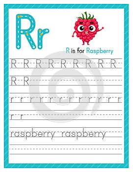 Trace letter R uppercase and lowercase. Alphabet tracing practice preschool worksheet for kids learning English with