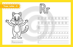 Trace letter R uppercase and lowercase. Alphabet tracing practice preschool worksheet for kids learning English with cute cartoon