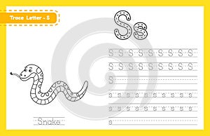 Trace letter S uppercase and lowercase. Alphabet tracing practice preschool worksheet for kids learning English with cute cartoon