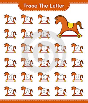 Trace the letter. Tracing letter alphabet with Rocking Horse. Educational children game, printable worksheet, vector illustration