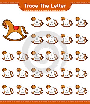 Trace the letter. Tracing letter alphabet with Rocking Horse. Educational children game, printable worksheet, vector illustration