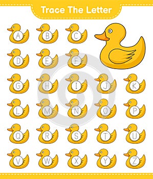 Trace the letter. Tracing letter alphabet with Rubber Duck. Educational children game, printable worksheet, vector illustration