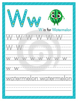 Trace letter W uppercase and lowercase. Alphabet tracing practice preschool worksheet for kids learning English with