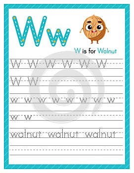 Trace letter W uppercase and lowercase. Alphabet tracing practice preschool worksheet for kids learning English with