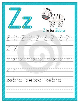 Trace letter Z uppercase and lowercase. Alphabet tracing practice preschool worksheet for kids learning English with cute cartoon