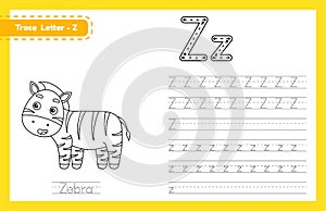 Trace letter Z uppercase and lowercase. Alphabet tracing practice preschool worksheet for kids learning English with cute cartoon