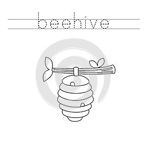 Trace the letters and color cartoon beehive. Handwriting practice for kids