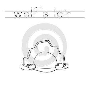 Trace the letters and color cartoon wolf lair. Handwriting practice for kids