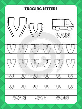Trace letters of English alphabet and fill colors Uppercase and lowercase V. Handwriting practice for preschool kids worksheet.