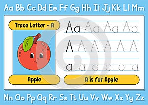 Trace letters. Writing practice. Tracing worksheet for kids. Learn alphabet. Cute character. Vector illustration. Cartoon style photo
