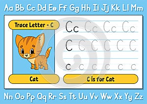 Trace letters. Writing practice. Tracing worksheet for kids. Learn alphabet. Cute character. Vector illustration. Cartoon style