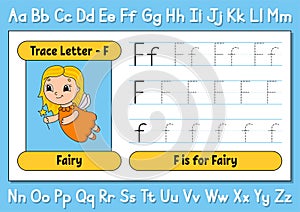 Trace letters. Writing practice. Tracing worksheet for kids. Learn alphabet. Cute character. Vector illustration. Cartoon style