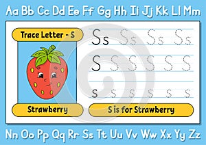 Trace letters. Writing practice. Tracing worksheet for kids. Learn alphabet. Cute character. Vector illustration. Cartoon style