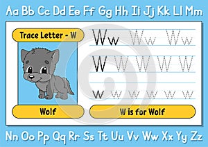 Trace letters. Writing practice. Tracing worksheet for kids. Learn alphabet. Cute character. Vector illustration. Cartoon style