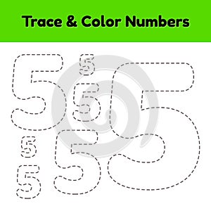 Trace line number for kindergarten and preshool kids. Write and color a five.