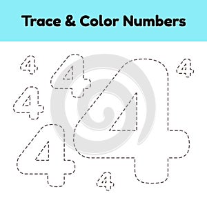 Trace line number for kindergarten and preshool kids. Write and color a four.