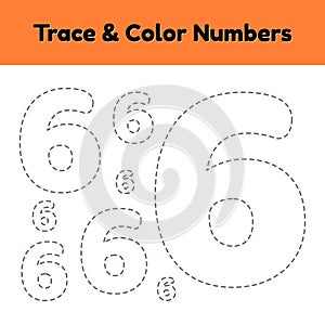 Trace line number for kindergarten and preshool kids. Write and color a six.