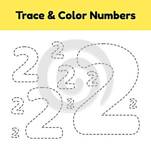 Trace line number for kindergarten and preshool kids. Write and color a two.