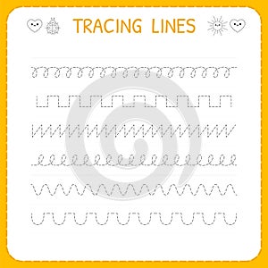 Trace line worksheet for kids. Basic writing. Working pages for children. Preschool or kindergarten worksheet. Trace the pattern photo