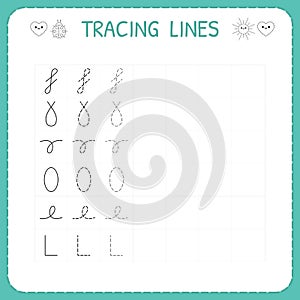 Trace line worksheet for kids. Preschool or kindergarten worksheet. Trace the pattern. Basic writing. Working pages for children