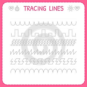 Trace line worksheet for kids. Trace the pattern. Working pages for children. Preschool or kindergarten worksheet. Basic writing