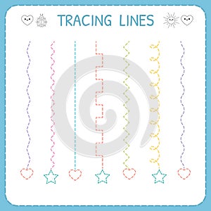 Trace line worksheet for kids. Working pages for children. Preschool or kindergarten worksheet. Basic writing