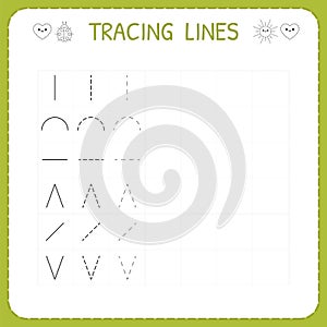 Trace line worksheet for kids. Working pages for children. Preschool or kindergarten worksheet. Trace the pattern. Basic writing