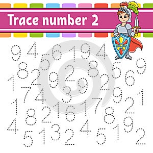 Trace number 2. Handwriting practice. Learning numbers for kids. Education developing worksheet. Activity page. Game for toddlers