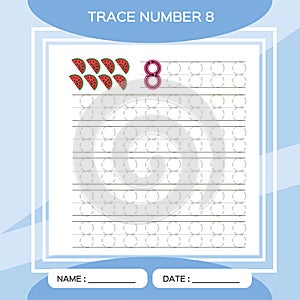 Trace number 8. Eight. Children educational game. Kids learning material. Activity For Early Years. Preschool worksheet