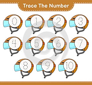 Trace the number. Tracing number with Hockey Helmet. Educational children game, printable worksheet, vector illustration