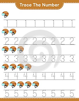 Trace the number. Tracing number with Hockey Helmet. Educational children game, printable worksheet, vector illustration