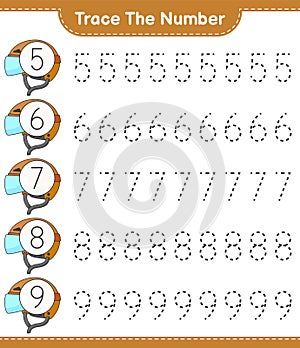 Trace the number. Tracing number with Hockey Helmet. Educational children game, printable worksheet, vector illustration