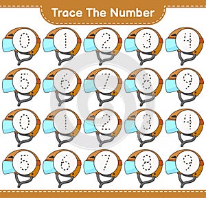 Trace the number. Tracing number with Hockey Helmet. Educational children game, printable worksheet, vector illustration