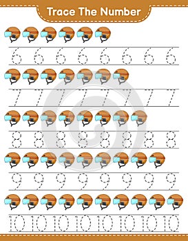 Trace the number. Tracing number with Hockey Helmet. Educational children game, printable worksheet, vector illustration