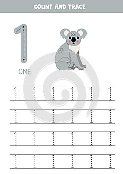 Trace numbers. Number 1 one. Cute cartoon koala